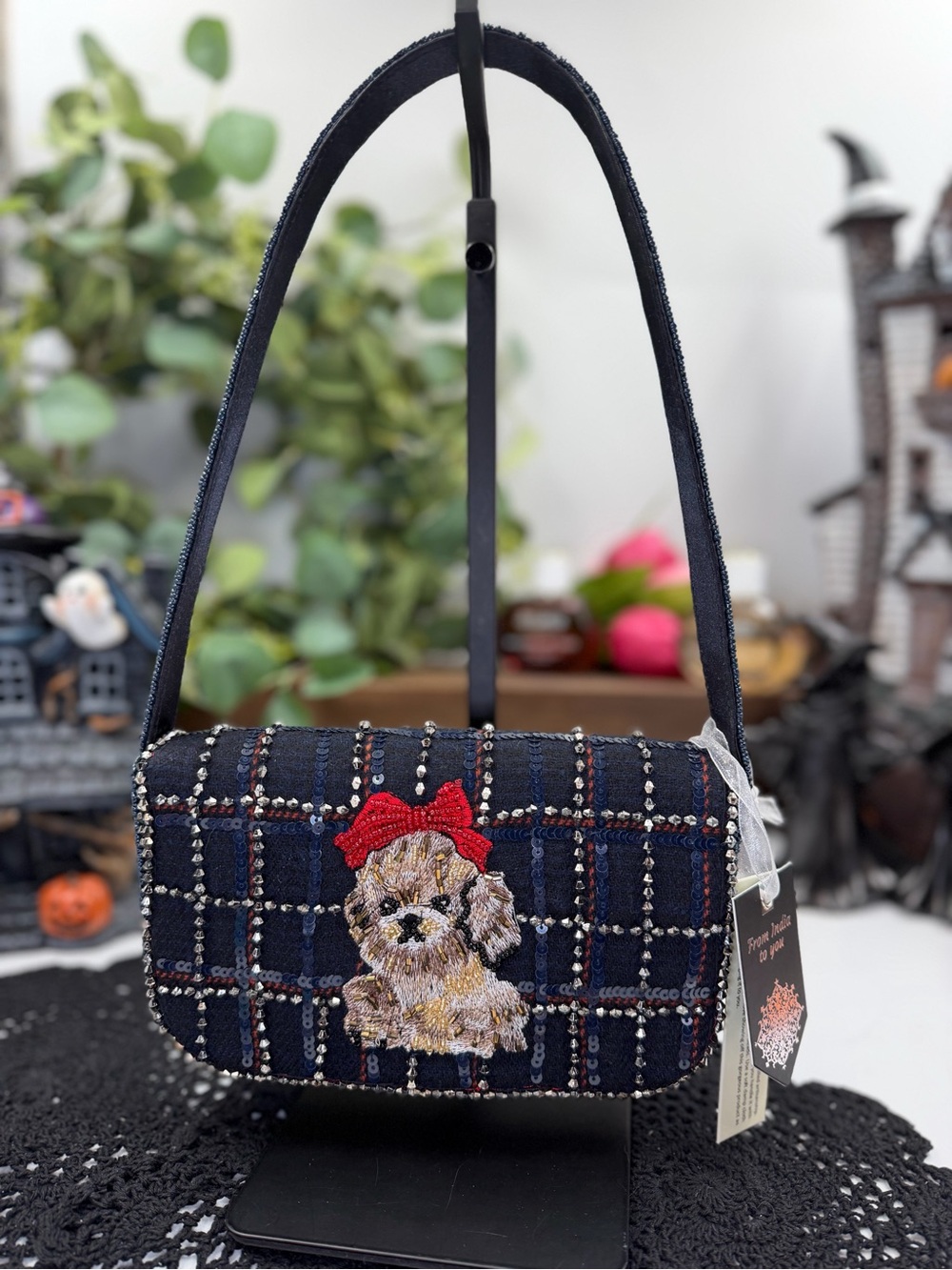 viral puppy red bow navy plaid beaded shoulder bag dog lover purse